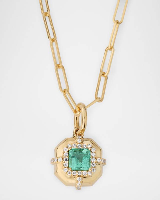 18K Yellow Gold G-Classics 4mm Assher-Cut Emerald Pendant Necklace with Diamonds